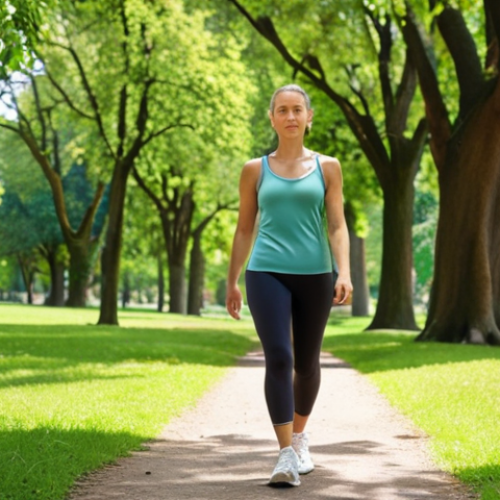Home 19 **
A serene scene of a woman walking in a park on a sunny day. She's wearing comfortable athletic wear and appears relaxed and energized. The park is lush with green trees and foliage. Focus on conveying a sense of gentle recovery and well-being.
**