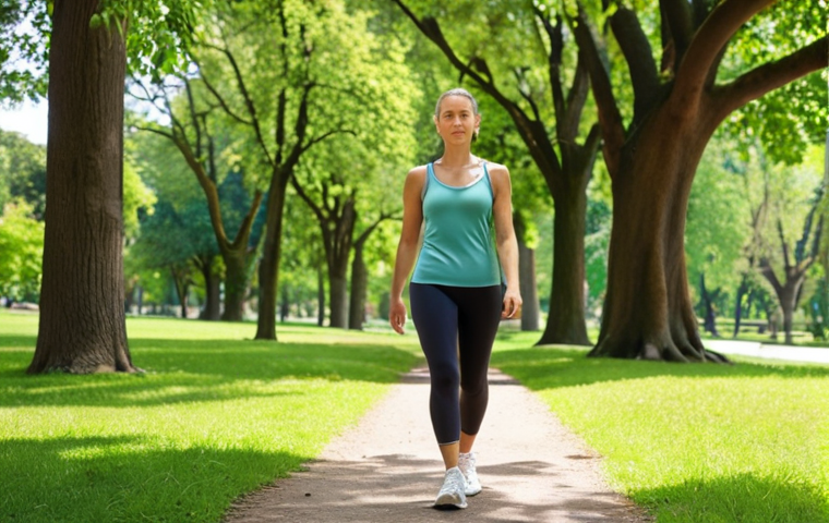 **

A serene scene of a woman walking in a park on a sunny day. She's wearing comfortable athletic wear and appears relaxed and energized. The park is lush with green trees and foliage. Focus on conveying a sense of gentle recovery and well-being.

**