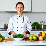 A professional nutritionist in a modest, clean chef's jacket, standing in a brightly lit, modern kitchen. She is gracefully holding a bowl filled with vibrant, fresh green vegetables and colorful fruits. Various healthy ingredients such as olive oil bottles, whole grains, and leafy greens are neatly arranged on a pristine countertop. The scene emphasizes healthy eating habits and a balanced diet. Professional photography, natural lighting, high detail, fully clothed, appropriate attire, safe for work, perfect anatomy, correct proportions, natural pose, well-formed hands, proper finger count, natural body proportions, professional, family-friendly, appropriate content.