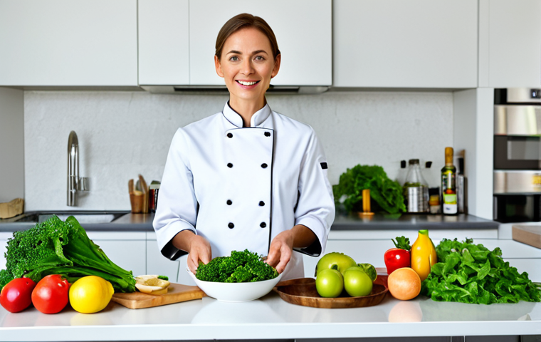 A professional nutritionist in a modest, clean chef's jacket, standing in a brightly lit, modern kitchen. She is gracefully holding a bowl filled with vibrant, fresh green vegetables and colorful fruits. Various healthy ingredients such as olive oil bottles, whole grains, and leafy greens are neatly arranged on a pristine countertop. The scene emphasizes healthy eating habits and a balanced diet. Professional photography, natural lighting, high detail, fully clothed, appropriate attire, safe for work, perfect anatomy, correct proportions, natural pose, well-formed hands, proper finger count, natural body proportions, professional, family-friendly, appropriate content.