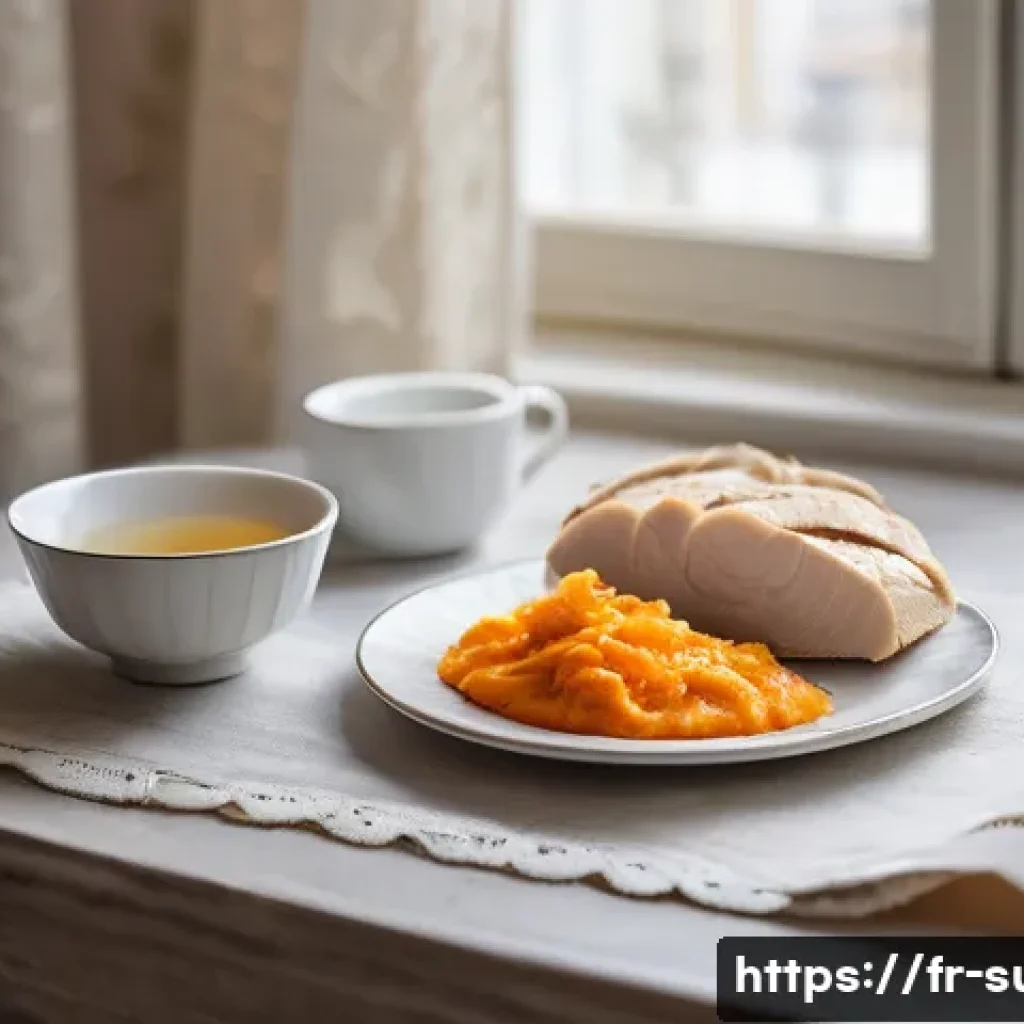맹장 수술 후 회복 음식 - A bright, cozy French kitchen scene featuring a wooden table set with a balanced post-operative meal...