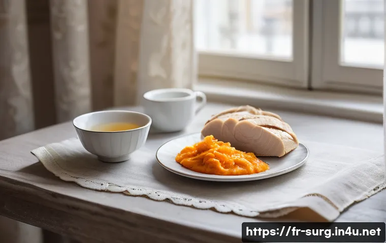 맹장 수술 후 회복 음식 - A bright, cozy French kitchen scene featuring a wooden table set with a balanced post-operative meal...