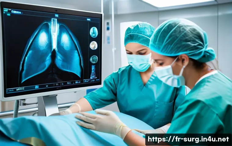 탈장 수술 레이저 방법 - A modern surgical operating room scene in a French hospital featuring a skilled surgeon performing a...