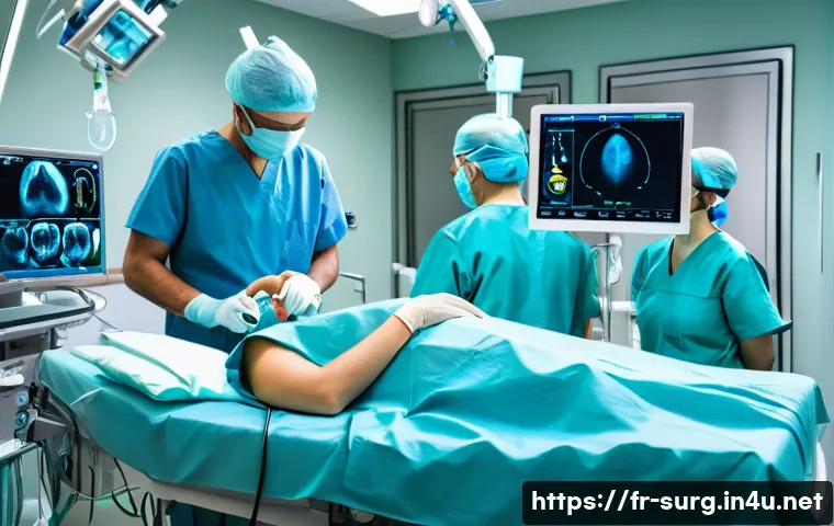 담낭 제거 수술 후기 - A calm and reassuring hospital scene showing a middle-aged French patient undergoing laparoscopic ga...