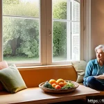 Home 18 담낭염 치료 기간 - A calm and cozy French home interior scene showing a middle-aged person resting comfortably on a sof...