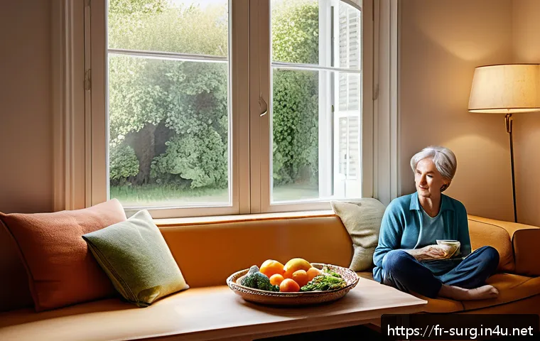 담낭염 치료 기간 - A calm and cozy French home interior scene showing a middle-aged person resting comfortably on a sof...