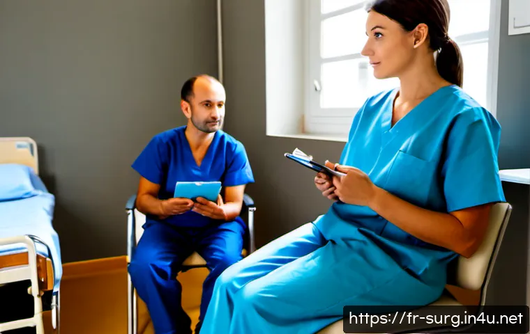 외과 수술 준비 팁 - Photorealistic preoperative consultation in a modern French hospital, calm adult patient in modest e...