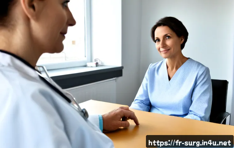 항문질환 치료 방법 - Photorealistic French medical consultation, compassionate middle-aged doctor in a clean modern clini...